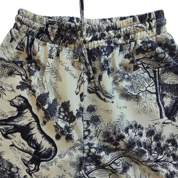 Face Fashion Toile Print Wide-Leg Pants Elastic Waist Cotton Blend Beige/Blue - Picture 3 of 11